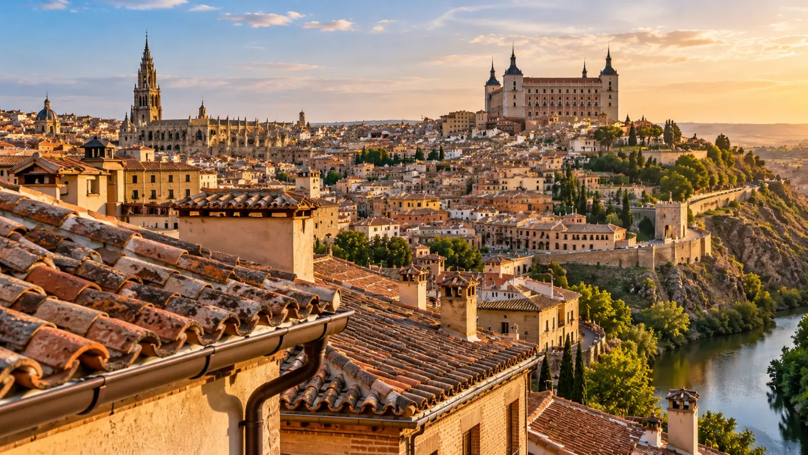 El Alcázar y la catedral de Toledo al atardecer, con tejados de teja y el río Tajo en primer término